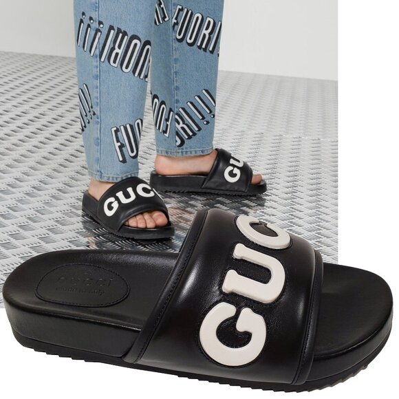GUCCI SHOES MENS BLACK LEATHER JUMBO LOGO SLIDES FLATS SANDAL sz 8 / 8.5 US - Picture 1 of 15